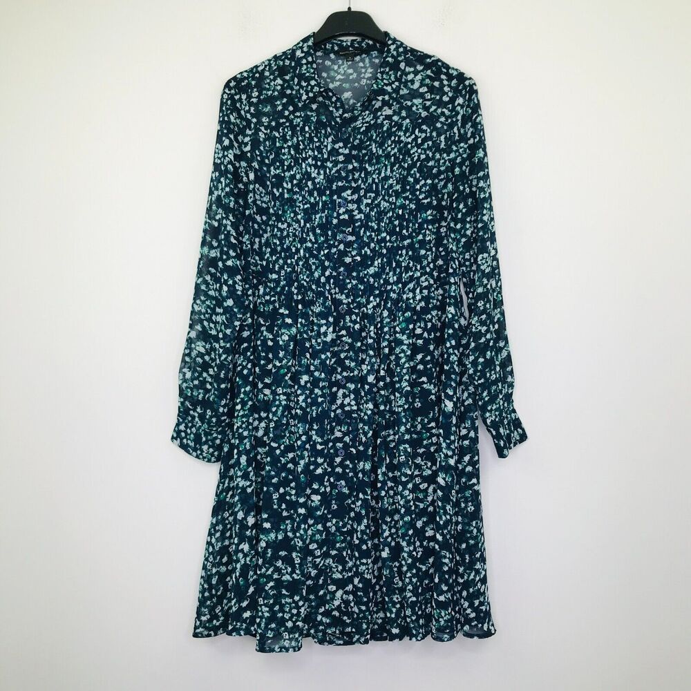 Banana Republic Women's Small Shirt Dress Blue Floral Long Sleeve Pintuck CG25